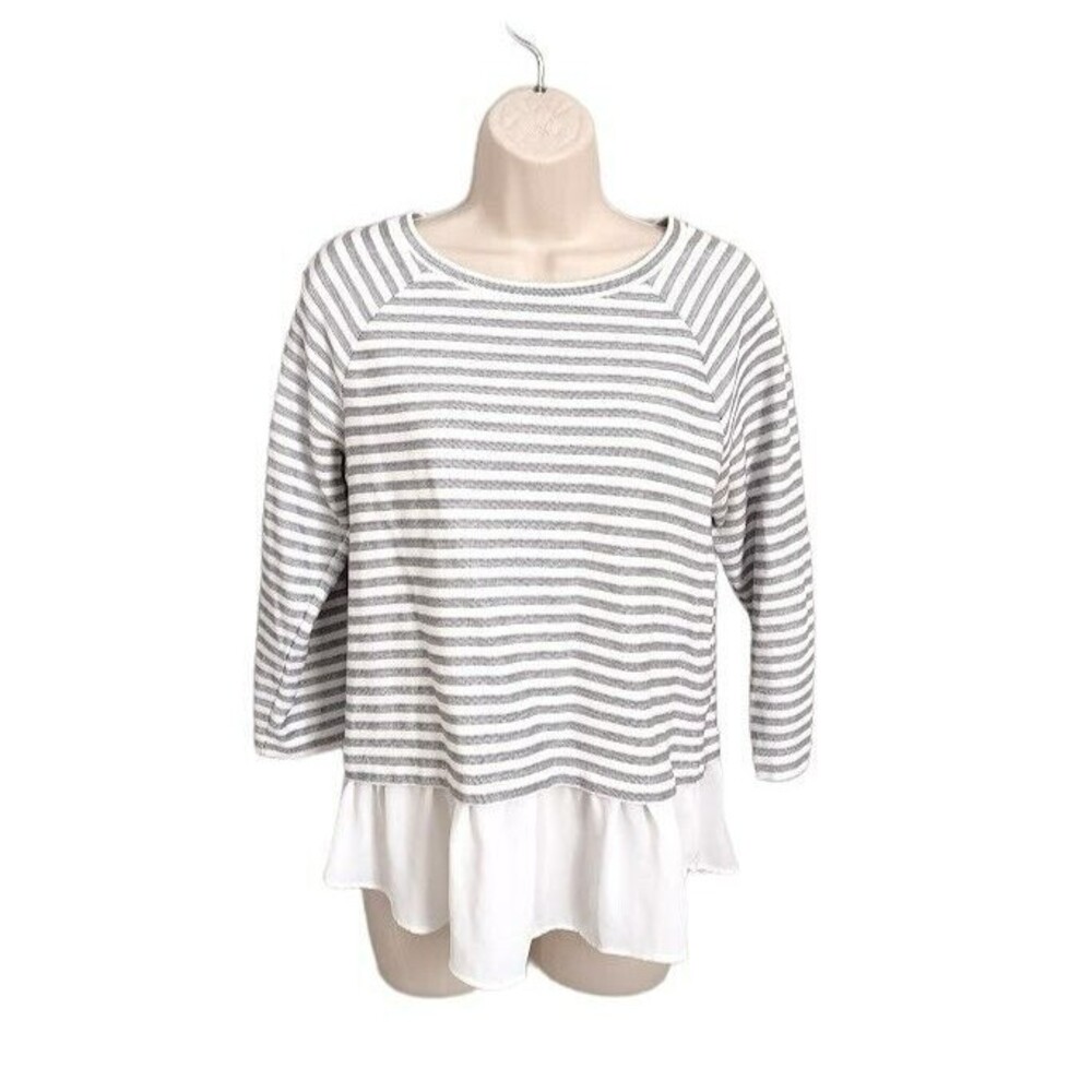 LOFT Top Women's Small White and Gray Striped Long Sleeve Blouse with Shirttail